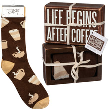 Load image into Gallery viewer, Box Sign & Sock Set - Life Begins After Coffee