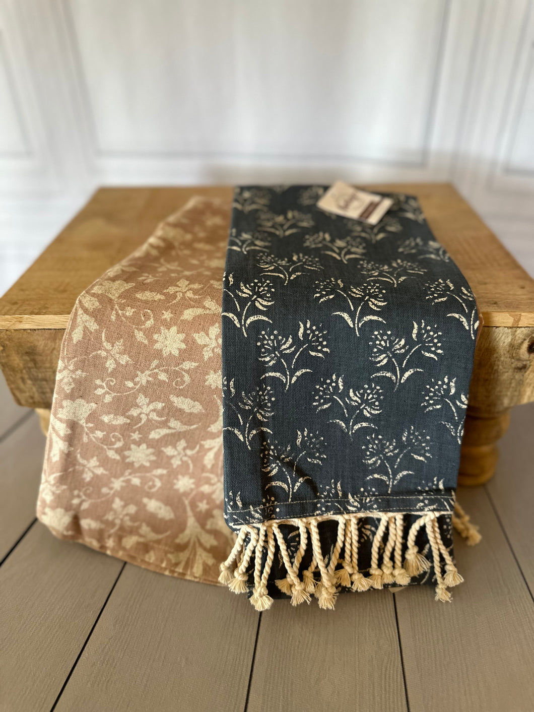 Navy and Sandstone Floral Block Print Tea Towel Set