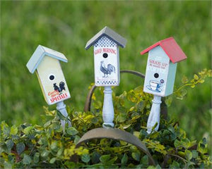 Mini Birdhouse Wooden Stakes with Peaked Roofs - In Store Only